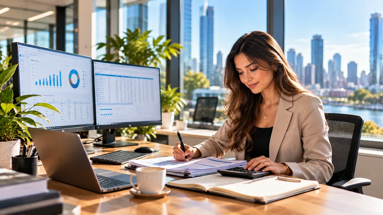 A woman working through figures with a calculator, with charts on two screens behind her